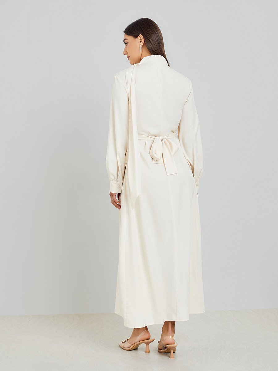 Beige Fold Pleat Maxi Dress with Tie Detail