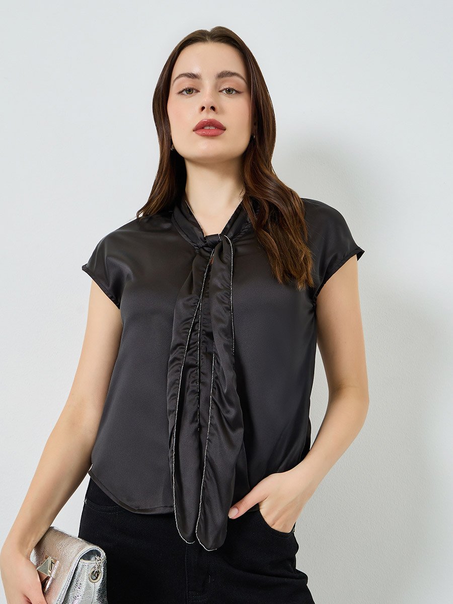 Black Satin Blouse with Tie Neck