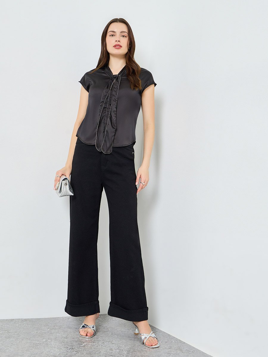 Black Satin Blouse with Tie Neck
