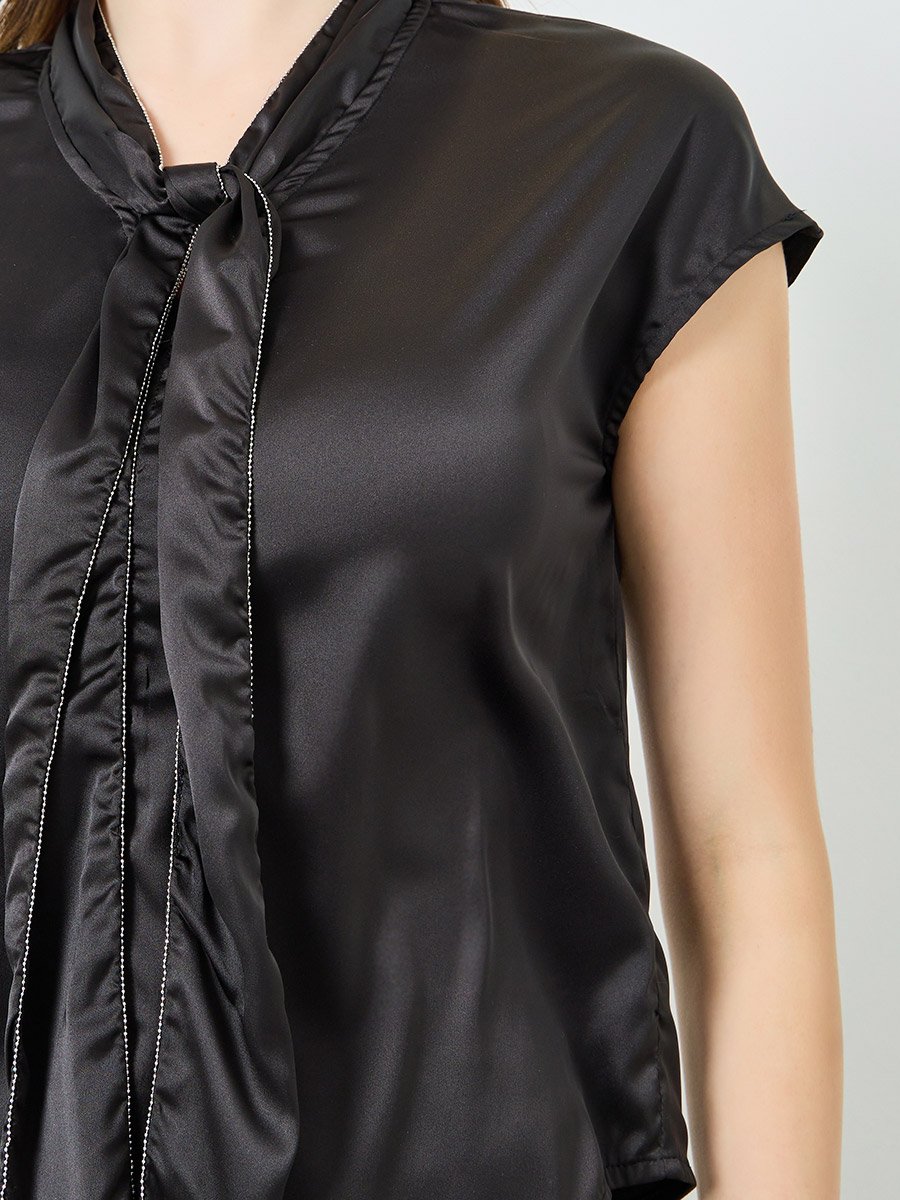 Black Satin Blouse with Tie Neck