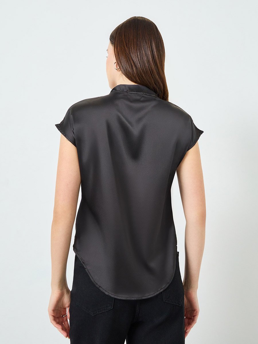 Black Satin Blouse with Tie Neck