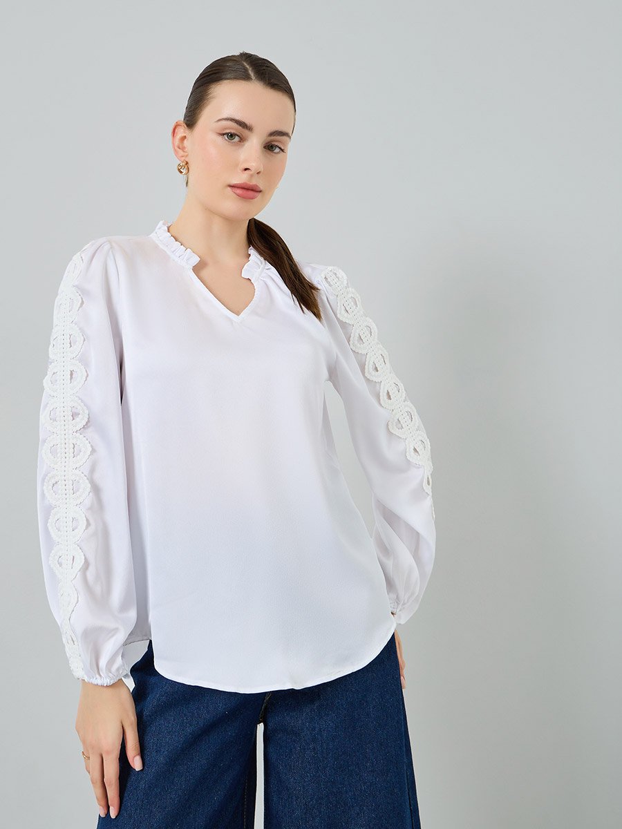Women White Lace Sleeve Blouse