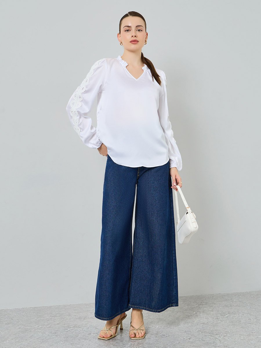 Women White Lace Sleeve Blouse
