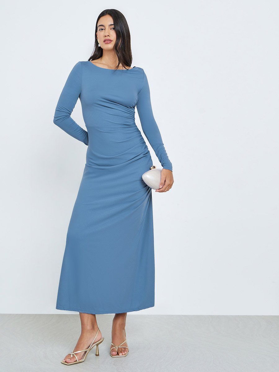 Blue Long Sleeve Bodycon Maxi Dress For Women at Bahrain | Styli