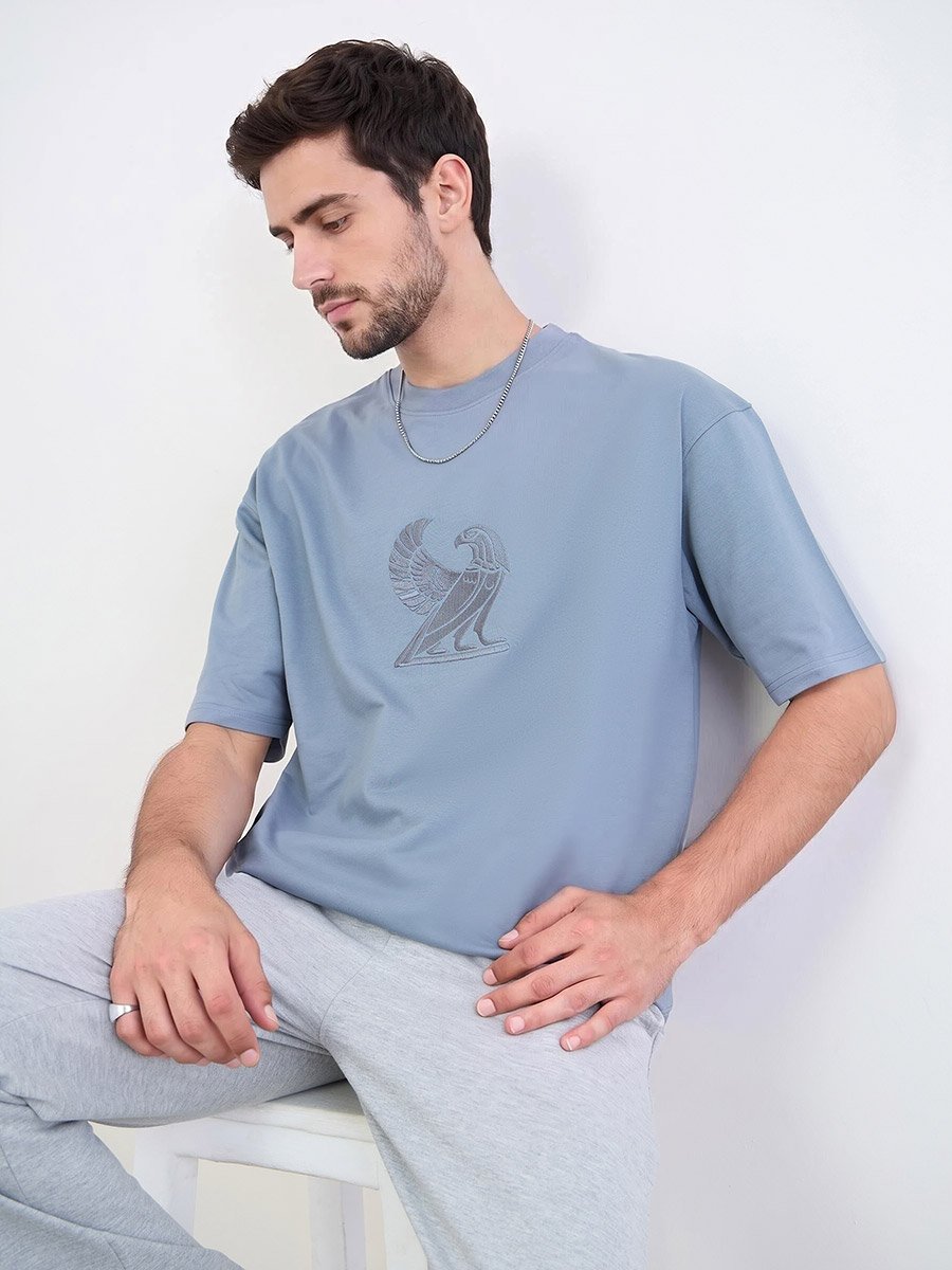 Men Oversized Front Embroidered Cotton T-Shirt