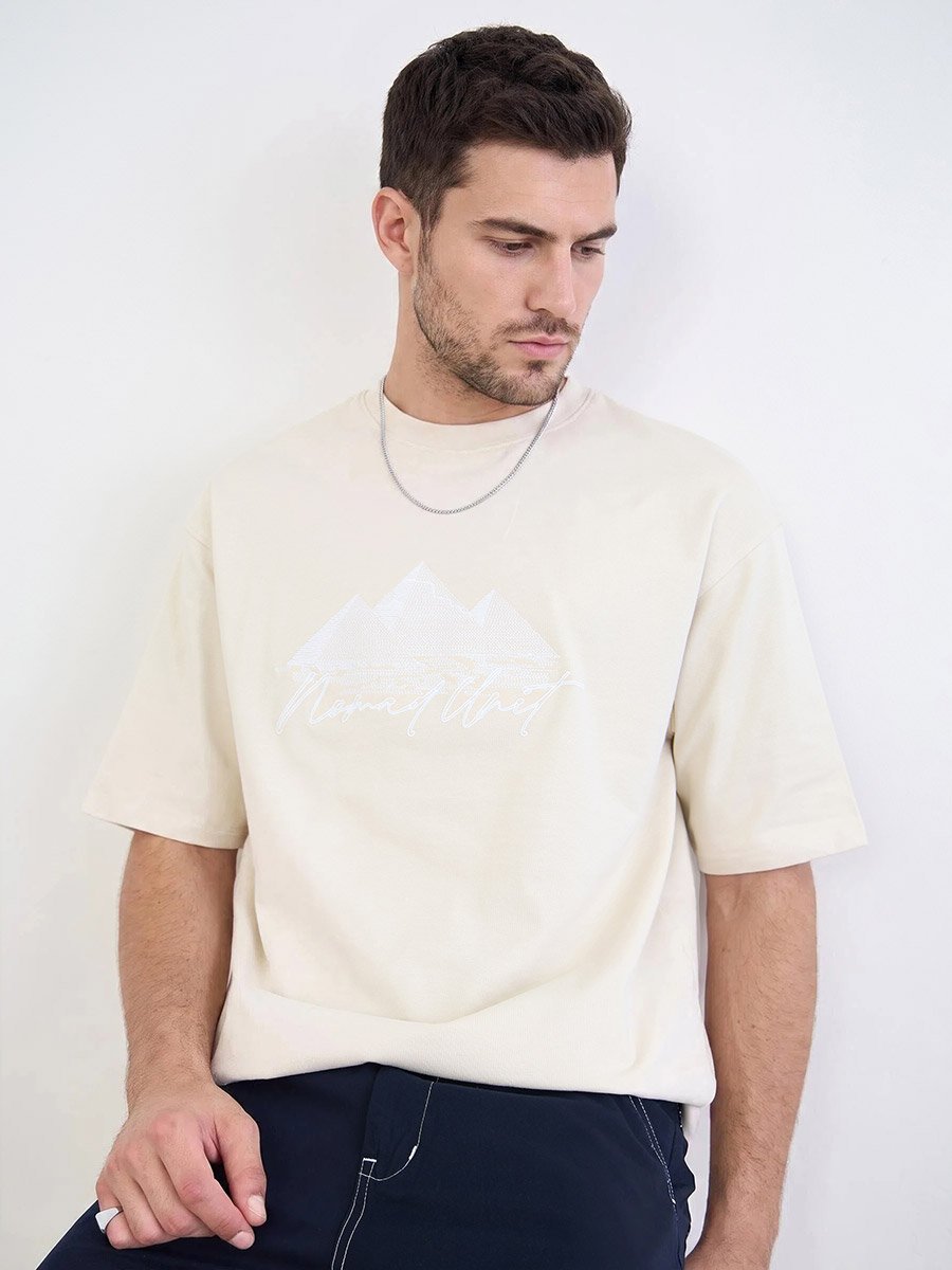 Men Oversized Front Embroidered Cotton T-Shirt