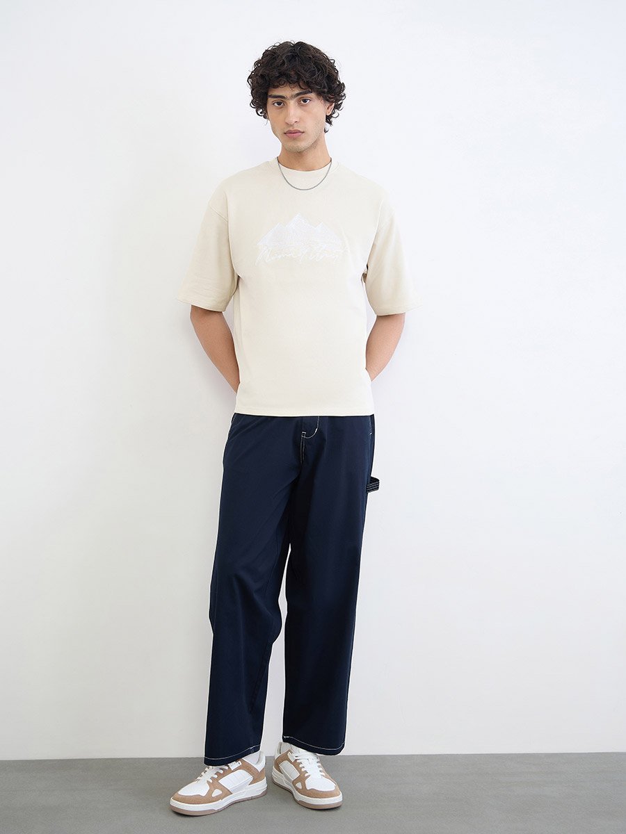 Men Oversized Front Embroidered Cotton T-Shirt