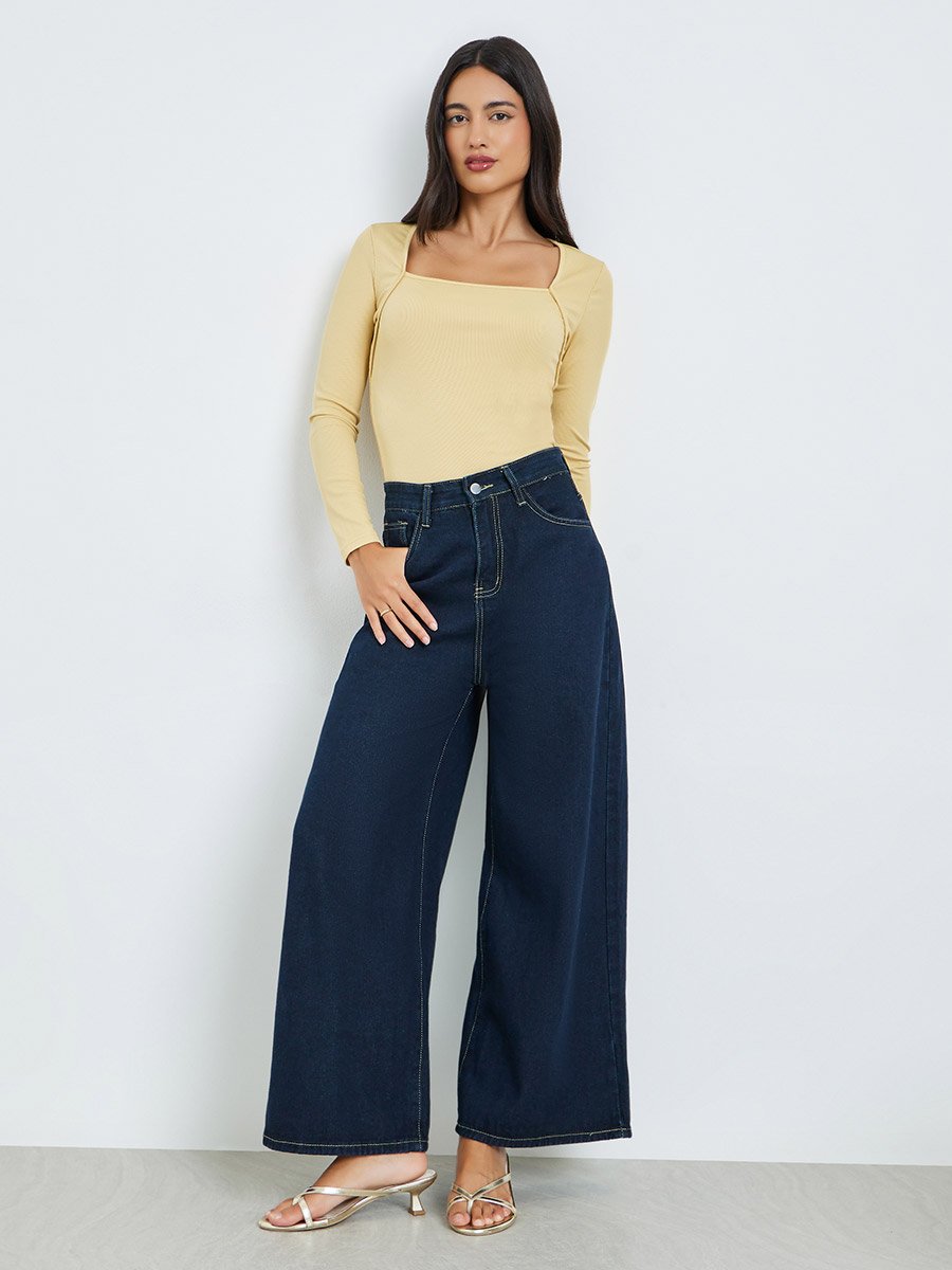 Yellow Square Neck Fitted Knit Tops