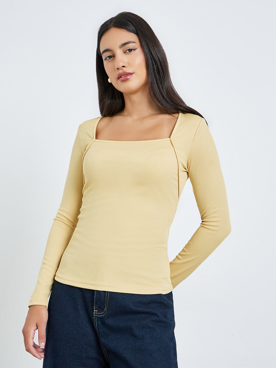 Yellow Square Neck Fitted Knit Tops