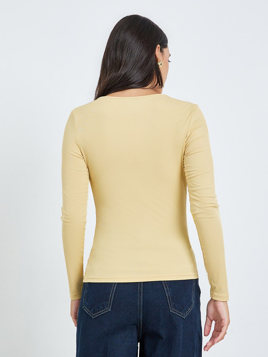 Yellow Square Neck Fitted Knit Tops
