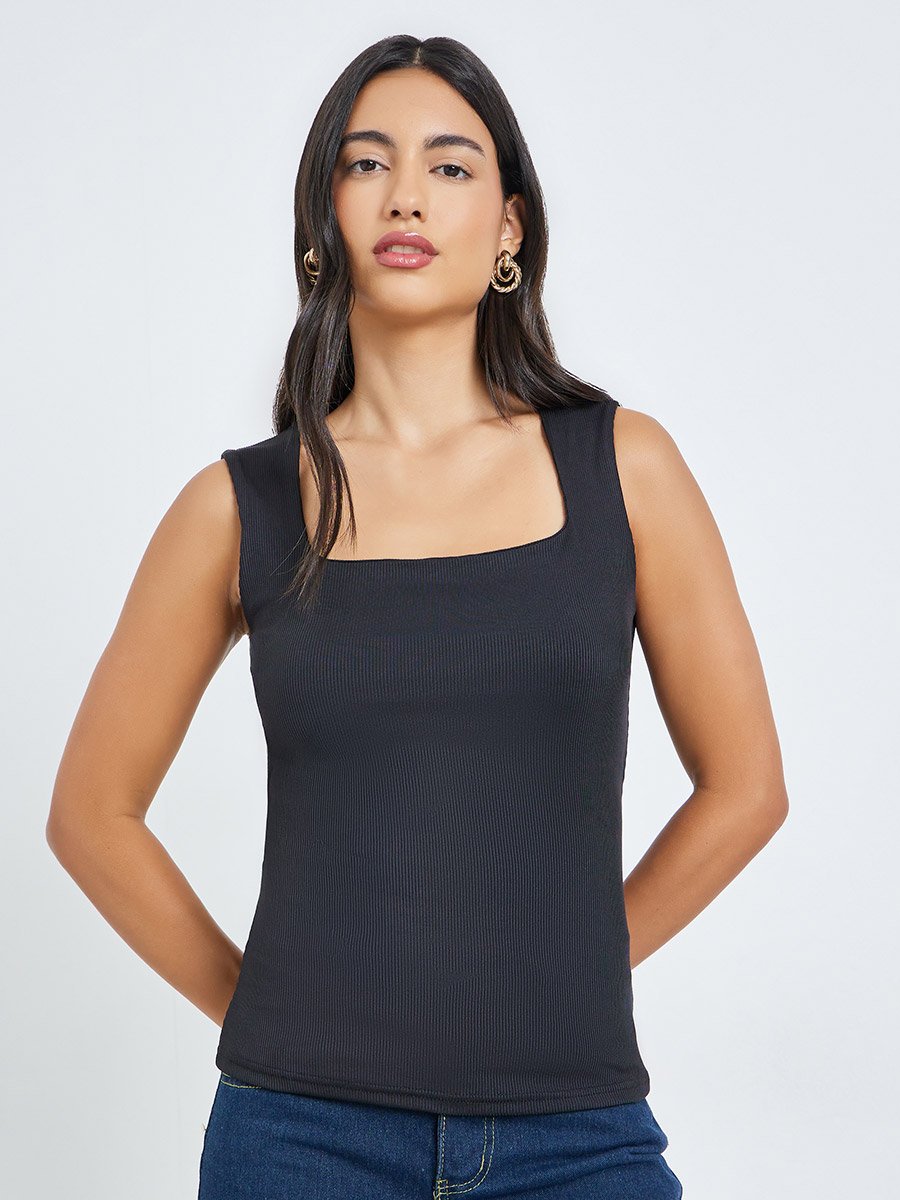Black Square Neck Fitted Knit Top