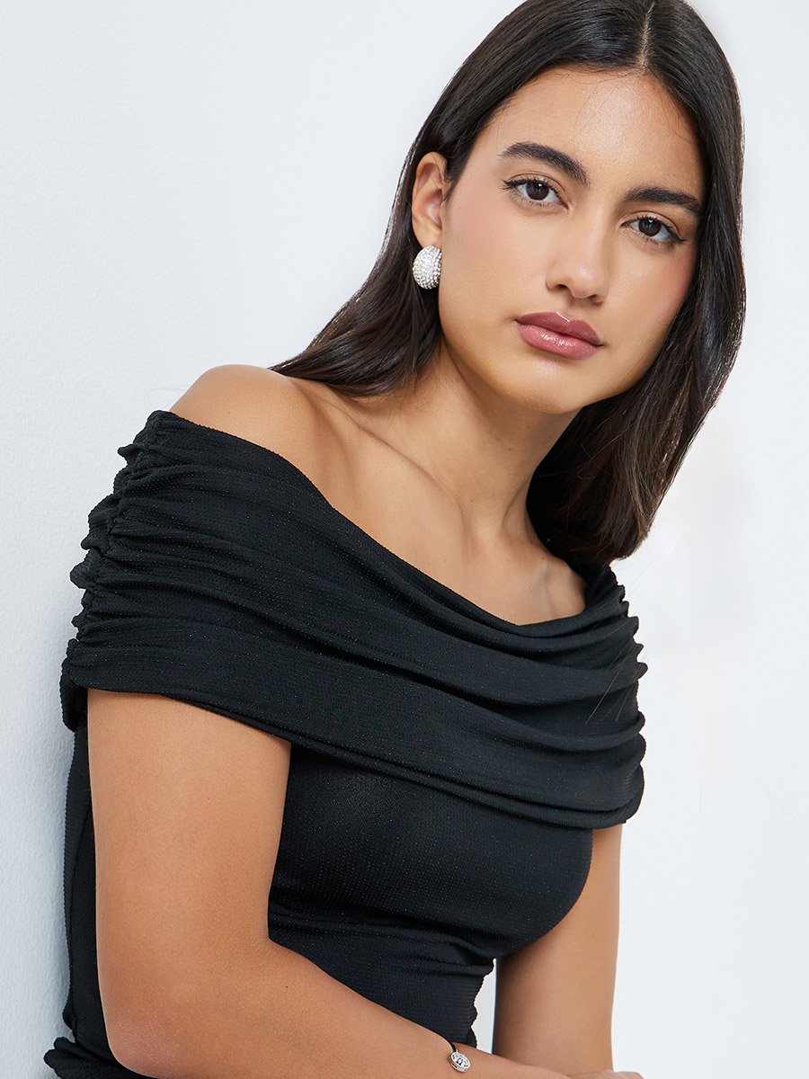 Black Ruched Off-Shoulder Knit Top