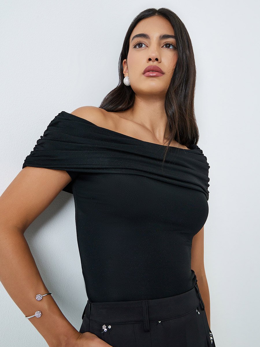 Black Ruched Off-Shoulder Knit Top