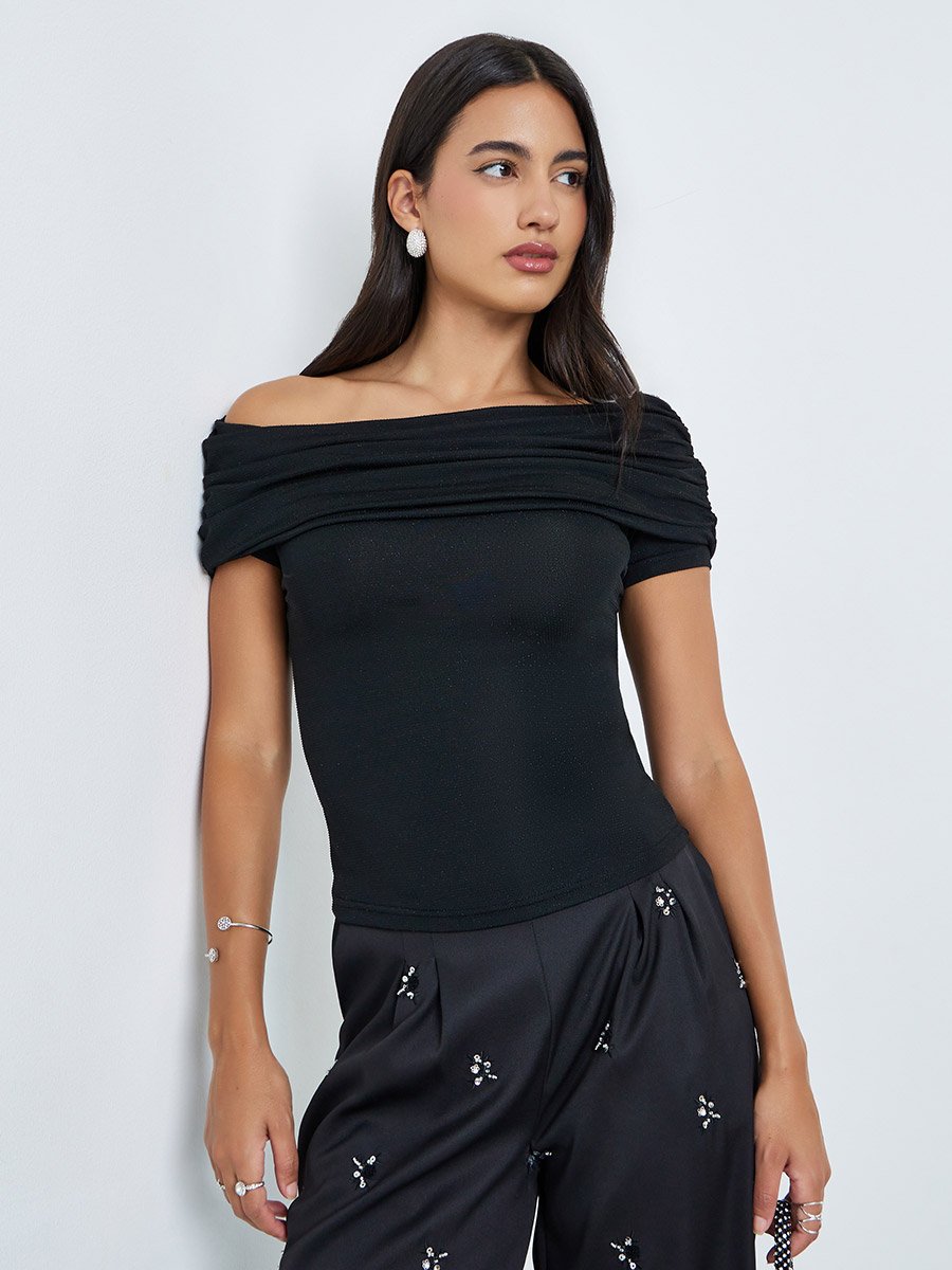 Black Ruched Off-Shoulder Knit Top