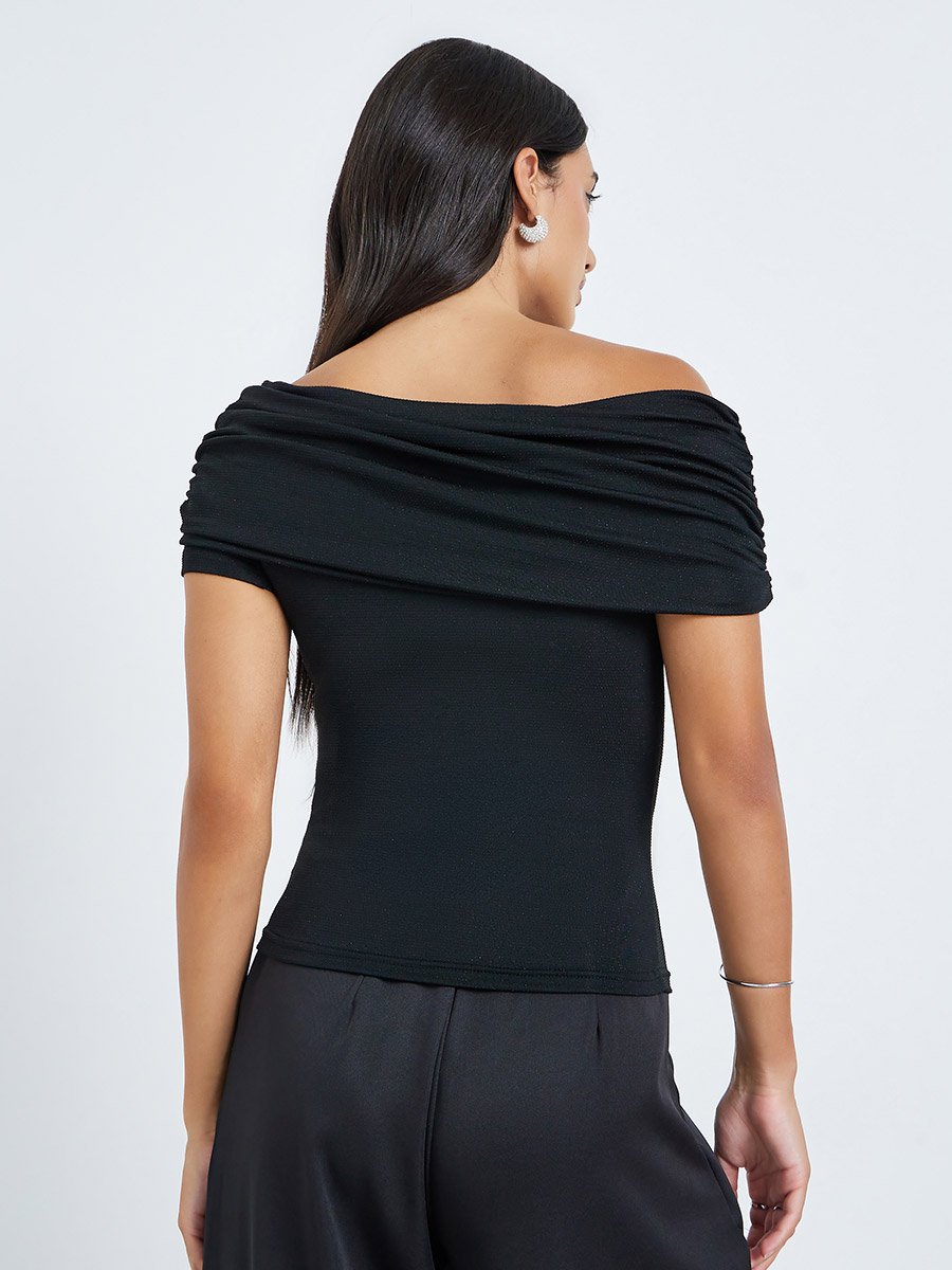 Black Ruched Off-Shoulder Knit Top