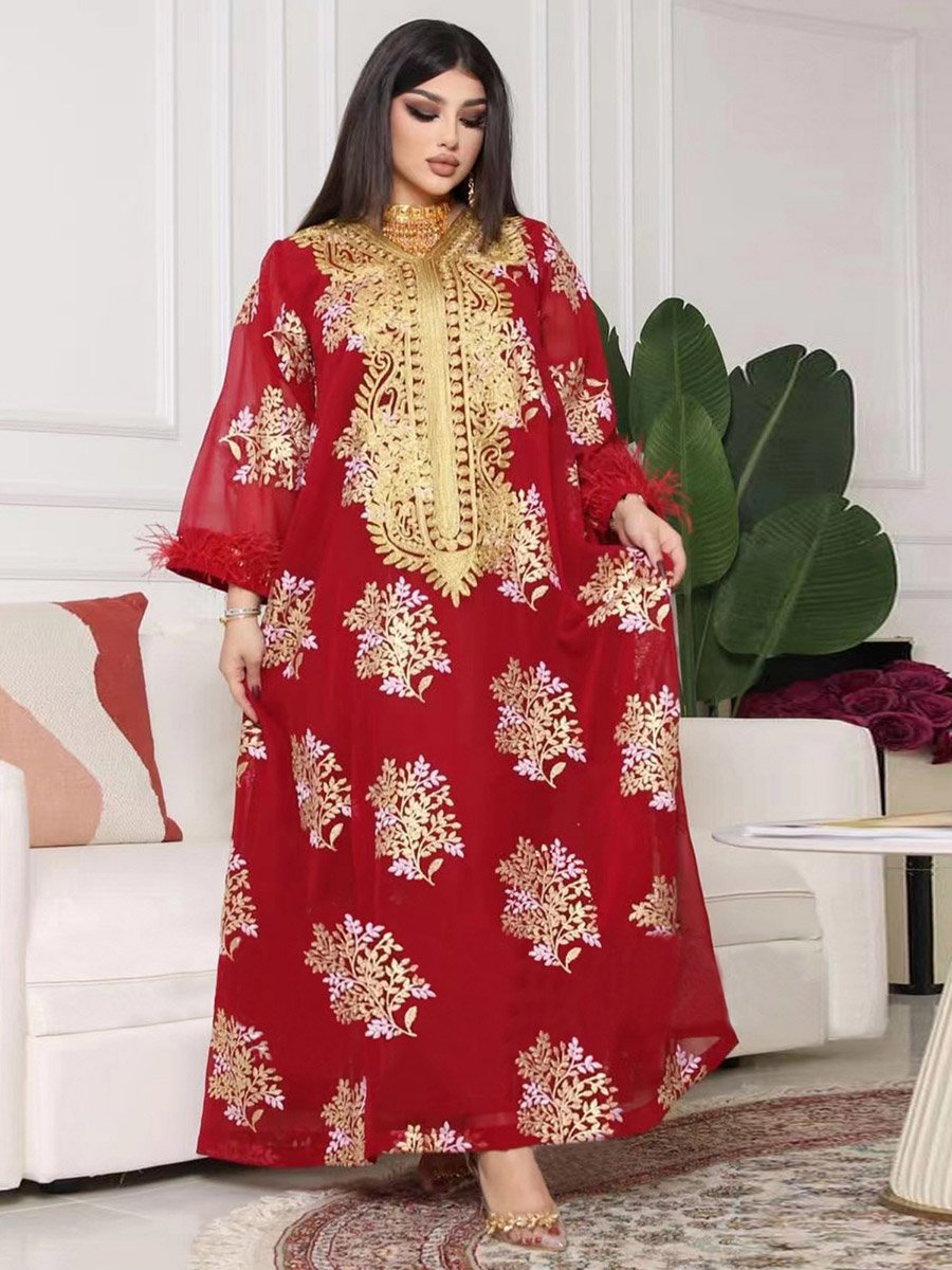 Women Red Embroidered A-Line Jalabiya