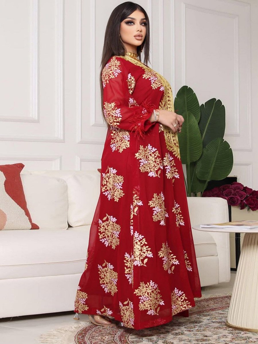 Women Red Embroidered A-Line Jalabiya