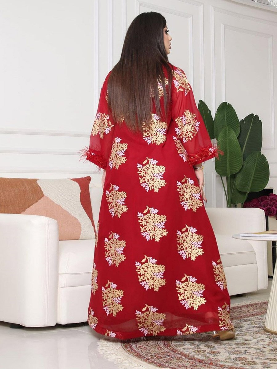 Women Red Embroidered A-Line Jalabiya