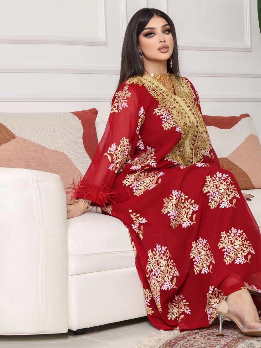 Women Red Embroidered A-Line Jalabiya