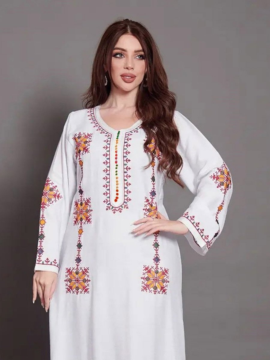 Women White Embroidered A-Line Jalabiya