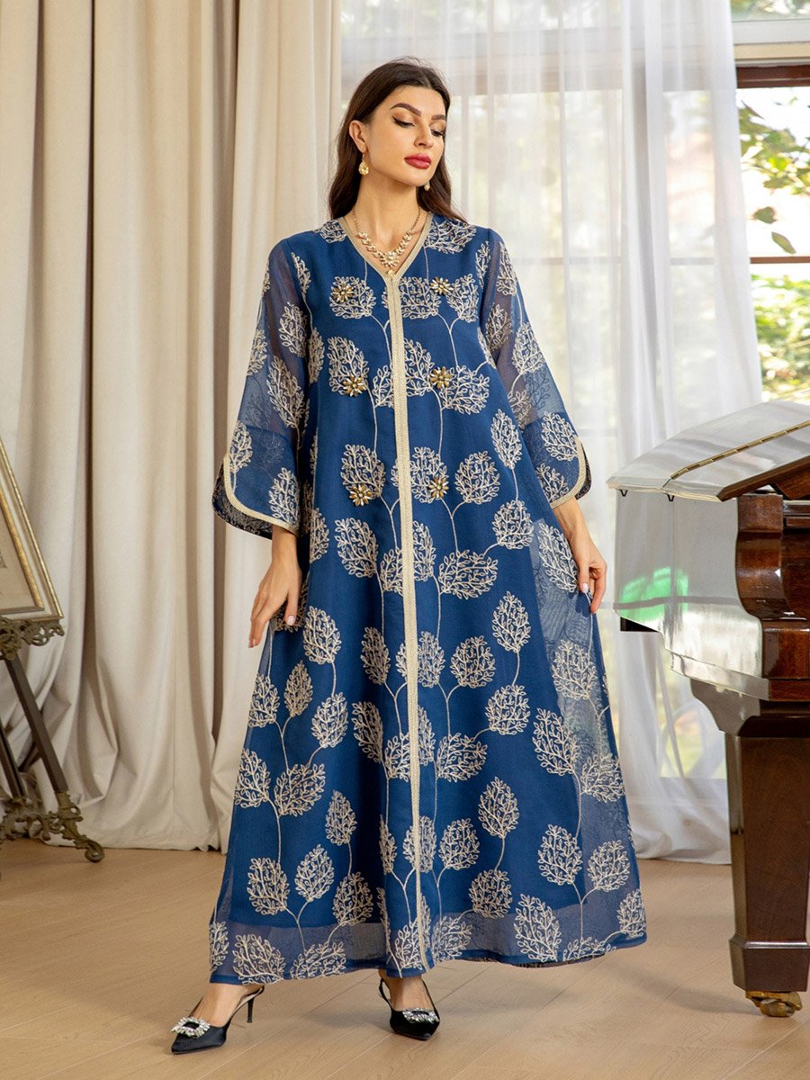 Women Blue Embroidered A-Line Jalabiya