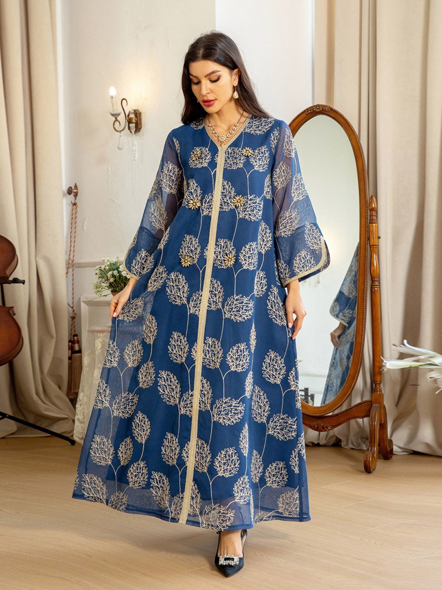 Women Blue Embroidered A-Line Jalabiya
