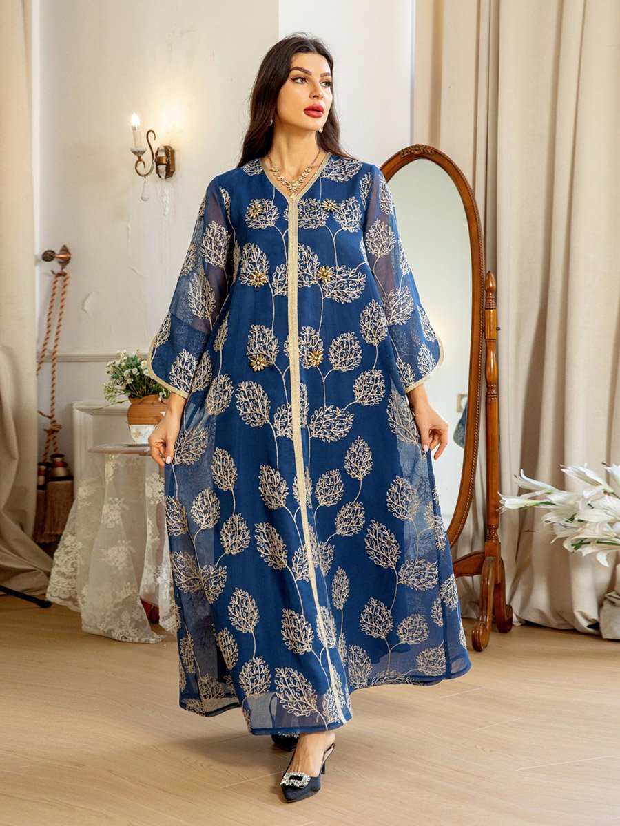 Women Blue Embroidered A-Line Jalabiya