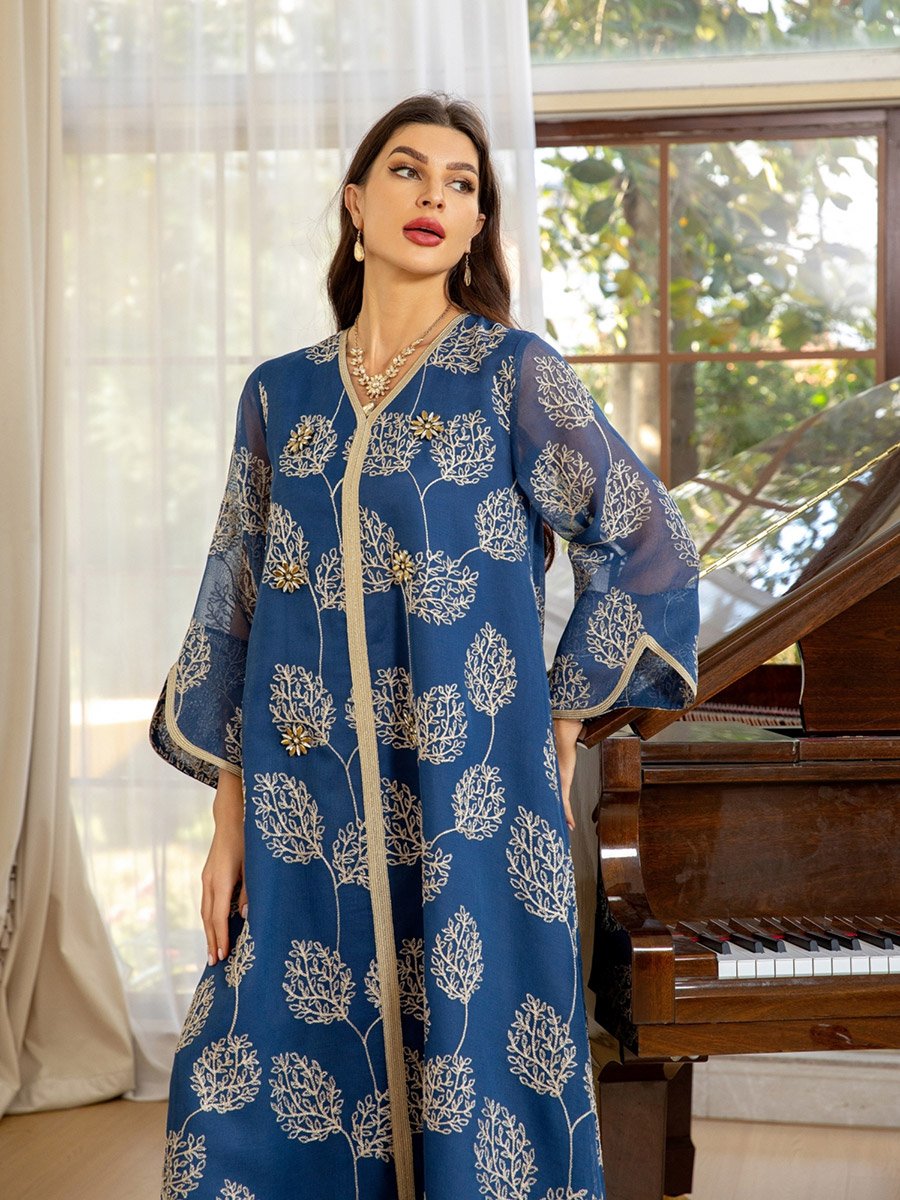 Women Blue Embroidered A-Line Jalabiya