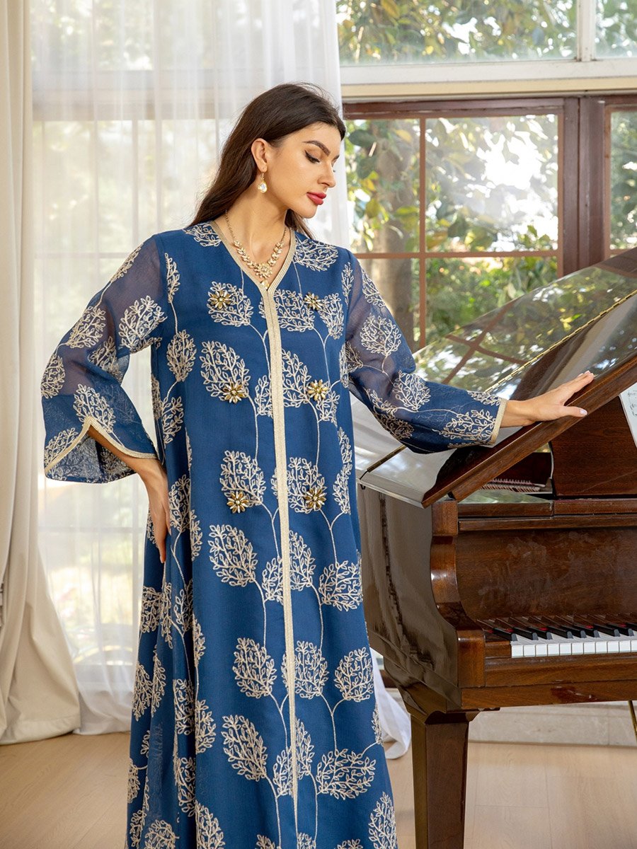 Women Blue Embroidered A-Line Jalabiya