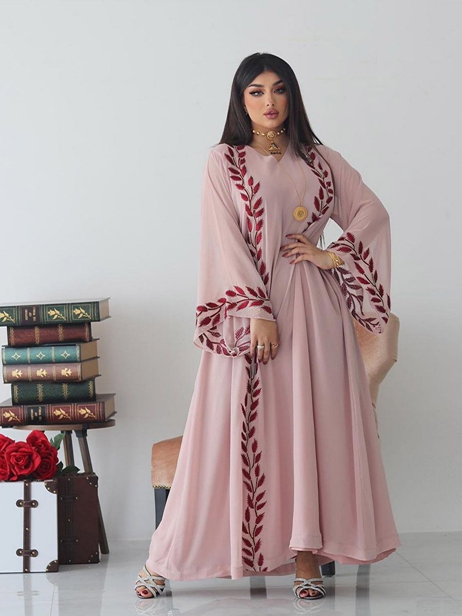 Women Pink Embroidered A-Line Jalabiya with Scarf