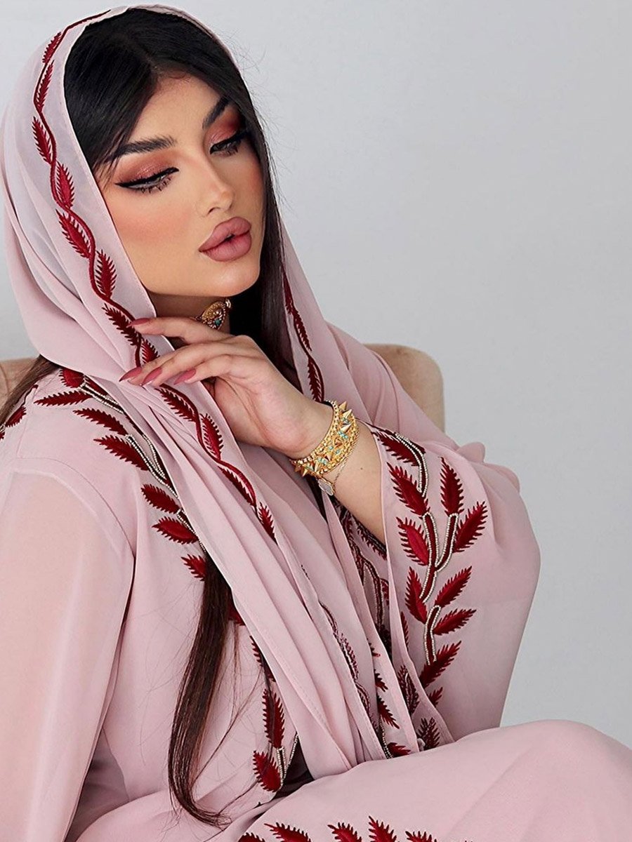 Women Pink Embroidered A-Line Jalabiya with Scarf