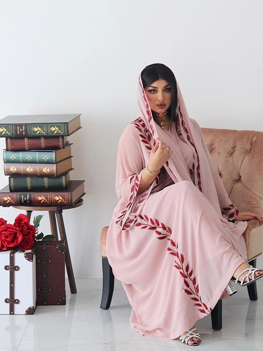 Women Pink Embroidered A-Line Jalabiya with Scarf