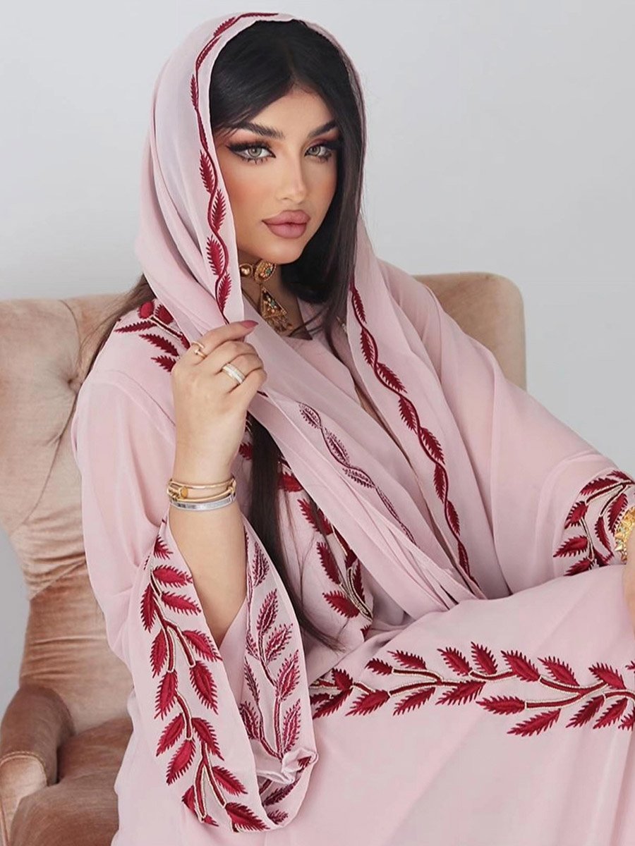 Women Pink Embroidered A-Line Jalabiya with Scarf