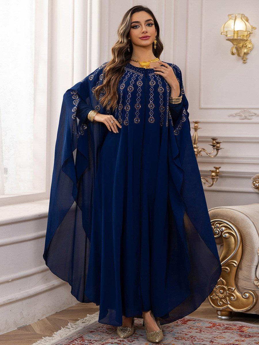 Navy Blue Embellished Cape Style Abaya and Dress Modest Set
