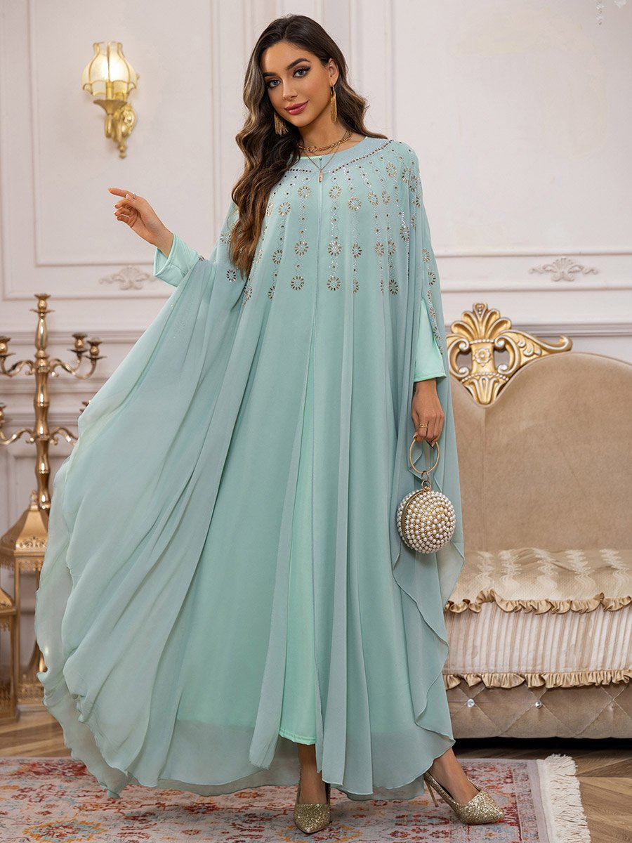 Green Embellished Cape Style Abaya and Dress Modest Set