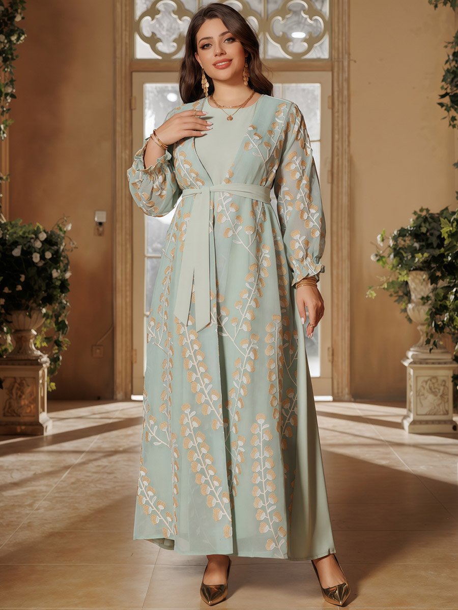 Green Printed Abaya with Inner Maxi Dress