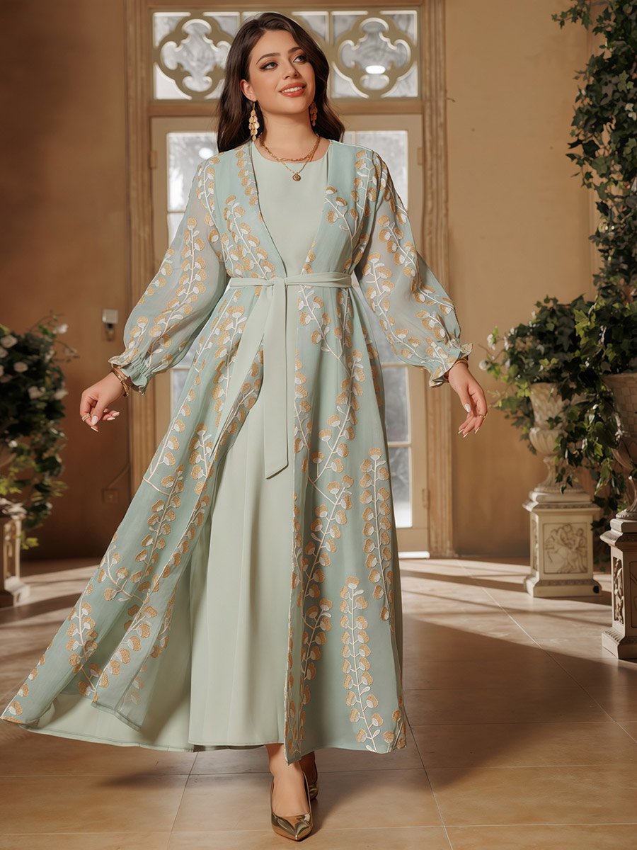 Green Printed Abaya with Inner Maxi Dress