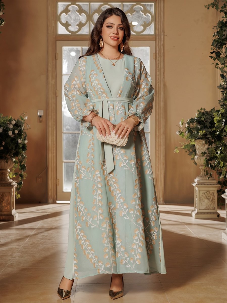 Green Printed Abaya with Inner Maxi Dress