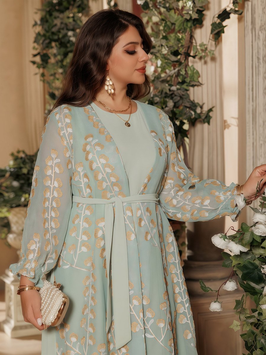 Green Printed Abaya with Inner Maxi Dress