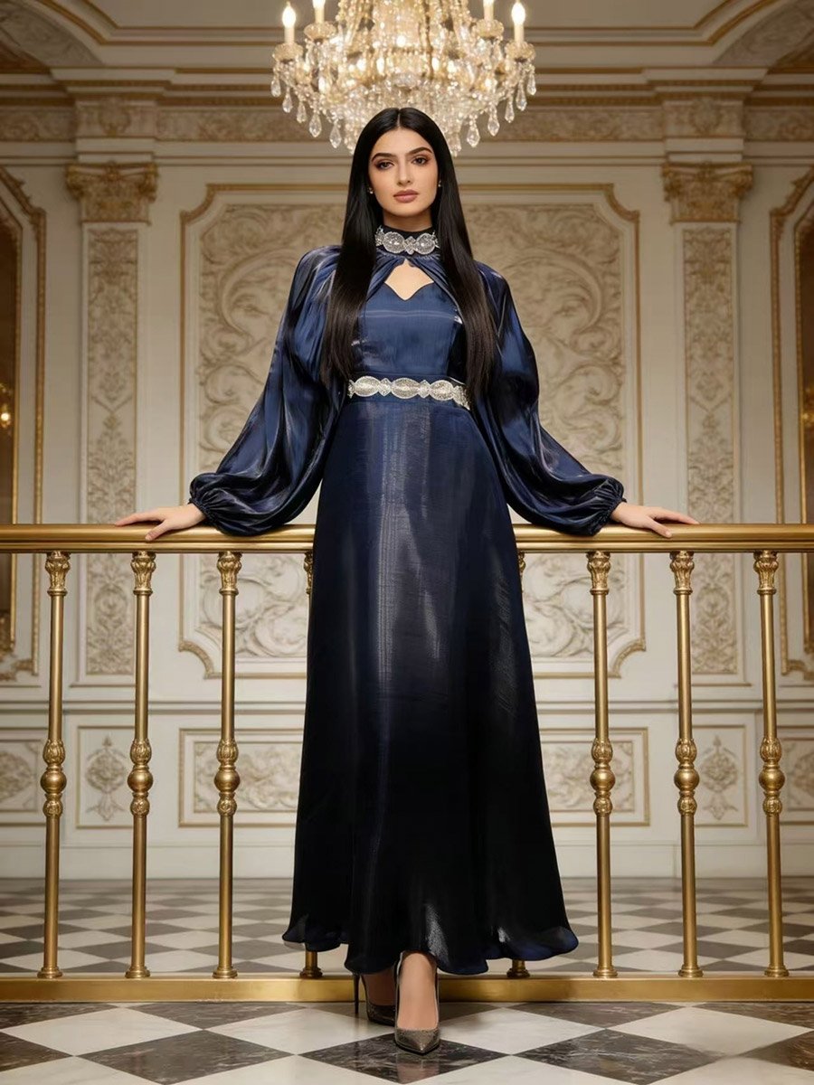 embellished maxi dress navy Karen Millen Crystal Embellished Woven Maxi Dress With Removable Cape in Navy