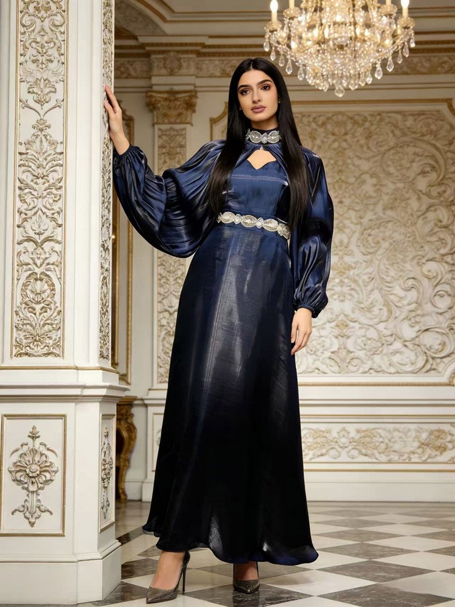 navy blue dress for baby girl Scalloped Lace Bodice Pleated Chiffon A Line Maxi Dress - Navy Blue main image 0