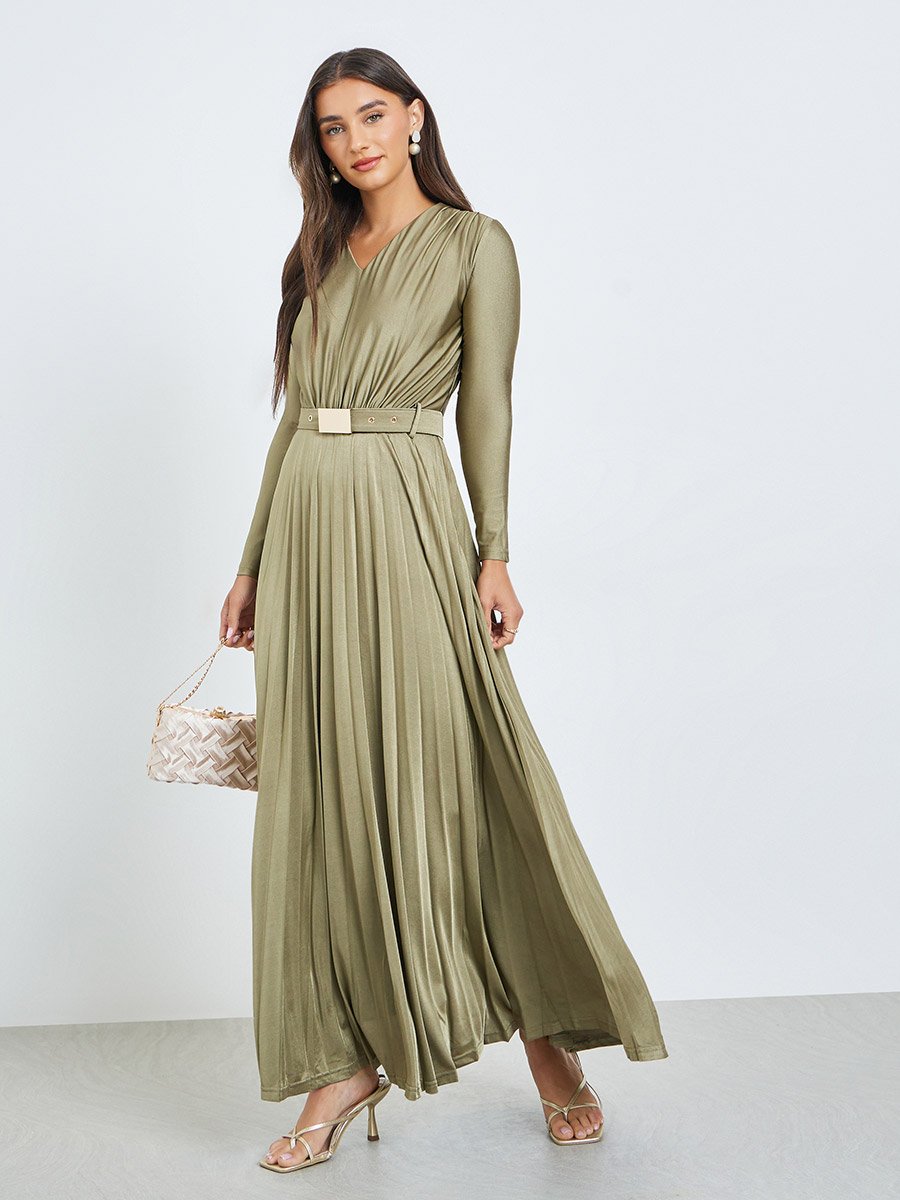 Olive Satin Pleated A-Line Maxi Dress