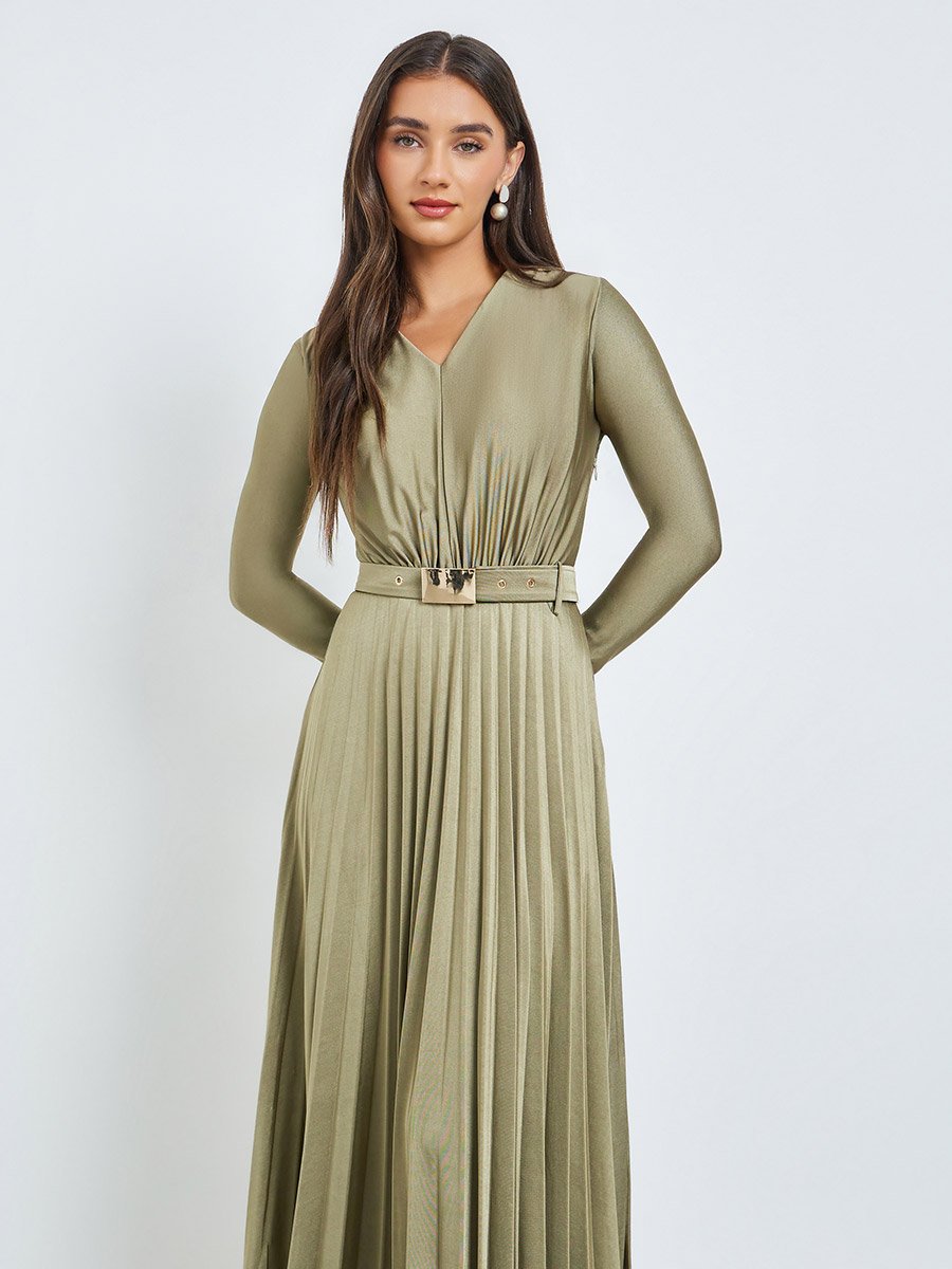 Olive Satin Pleated A-Line Maxi Dress