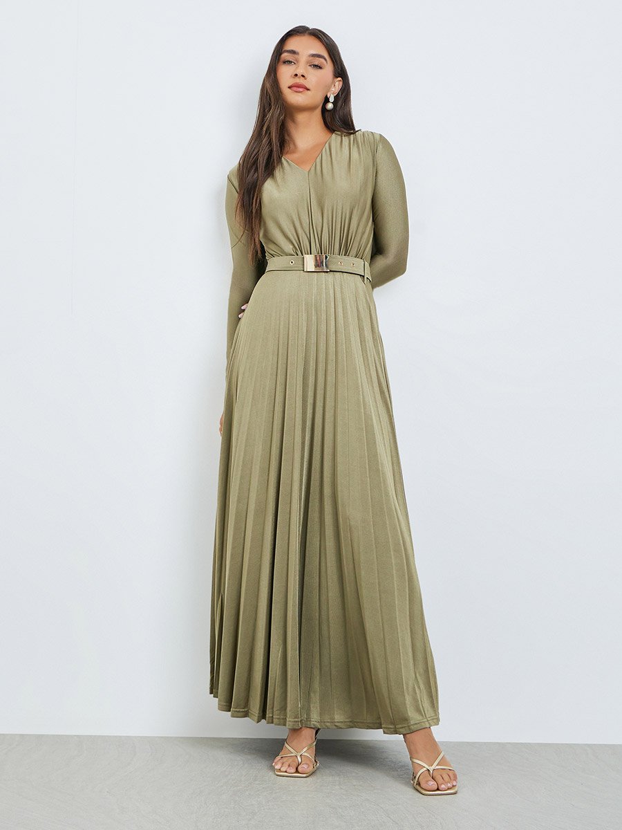 Olive Satin Pleated A-Line Maxi Dress
