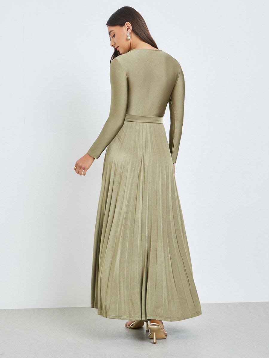 Olive Satin Pleated A-Line Maxi Dress
