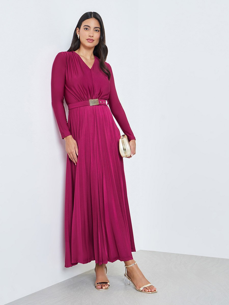 Magenta Satin Pleated A-Line Maxi Dress For Women at Bahrain | Styli