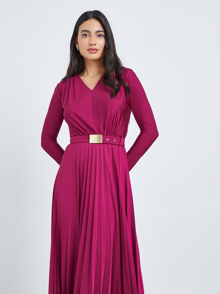 Magenta Satin Pleated A-Line Maxi Dress