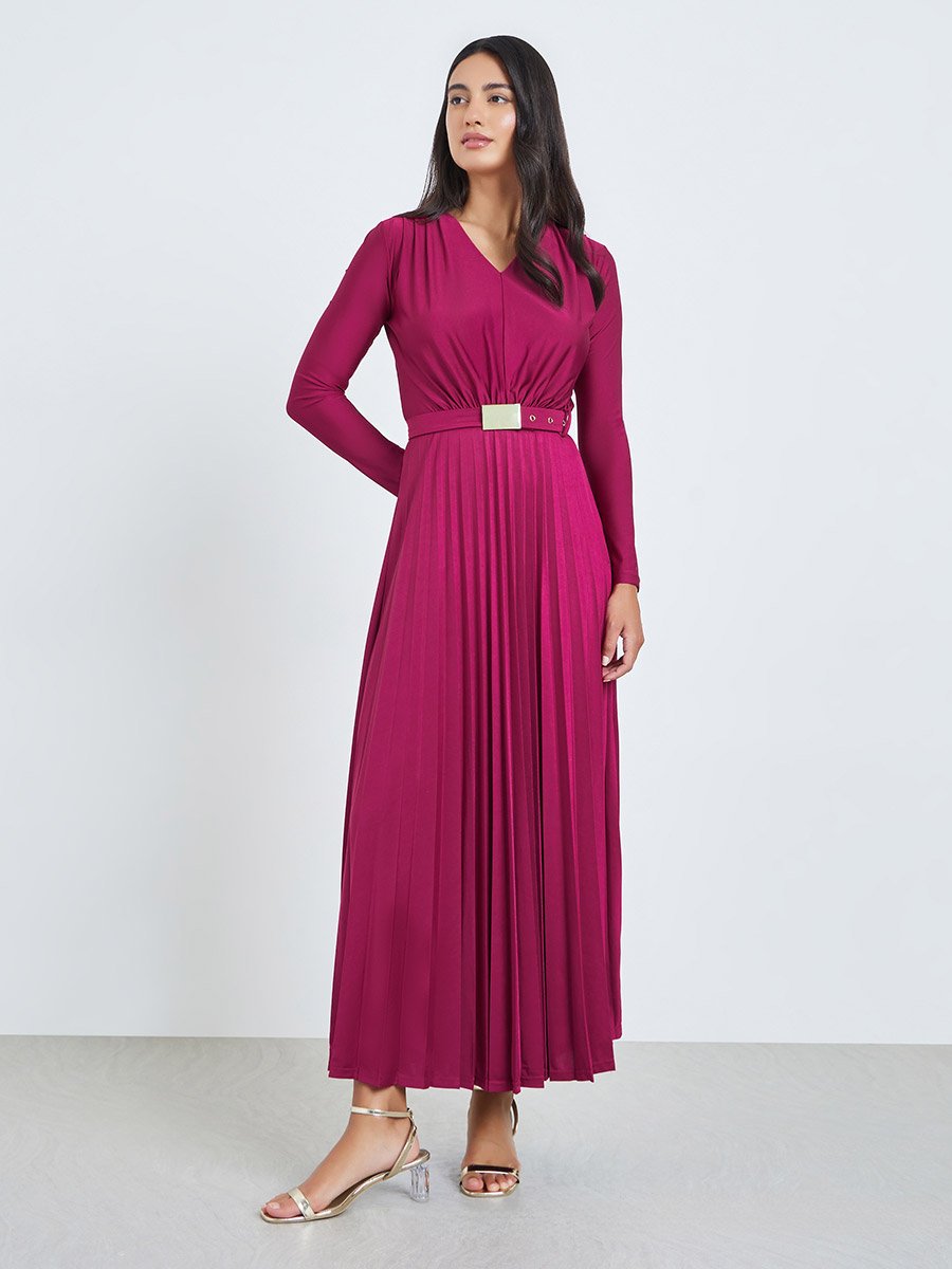 Magenta Satin Pleated A-Line Maxi Dress