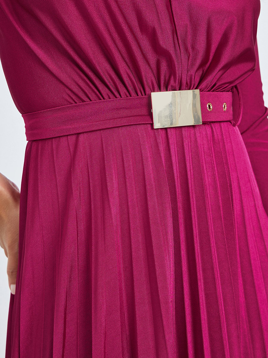 Magenta Satin Pleated A-Line Maxi Dress