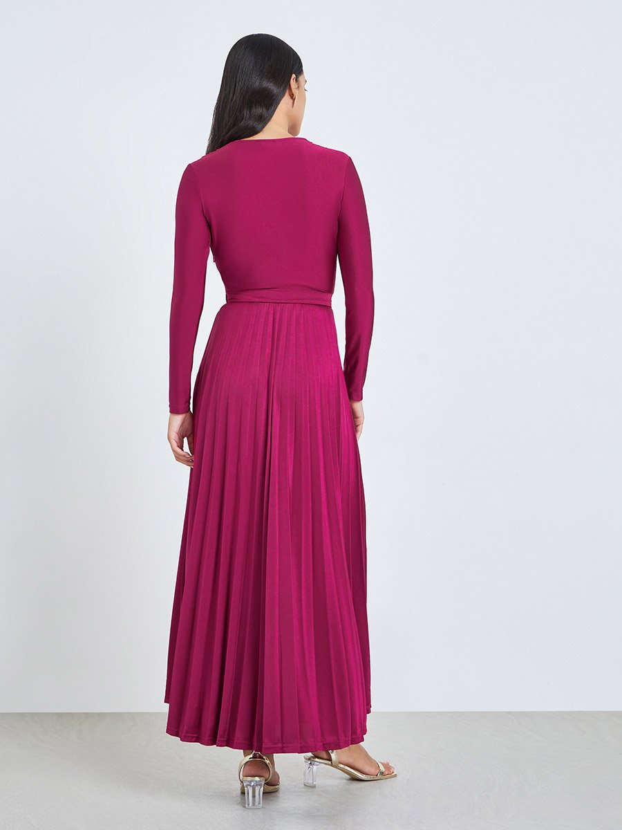 Magenta Satin Pleated A-Line Maxi Dress